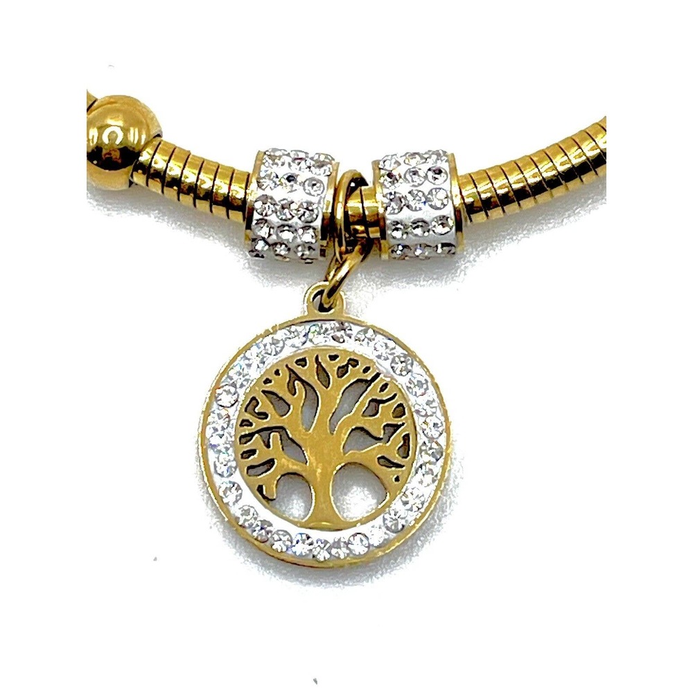 Swarovski Elements Gold Crystal Bangle Dangle Bracelet Tree of Life Charm Symbol
